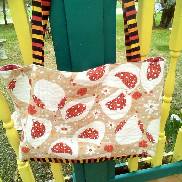 Handmade Tote Chickens  Flowers Striped Handles Polka Dot Lining. 21" X 13" NWOT - Picture 5 of 11